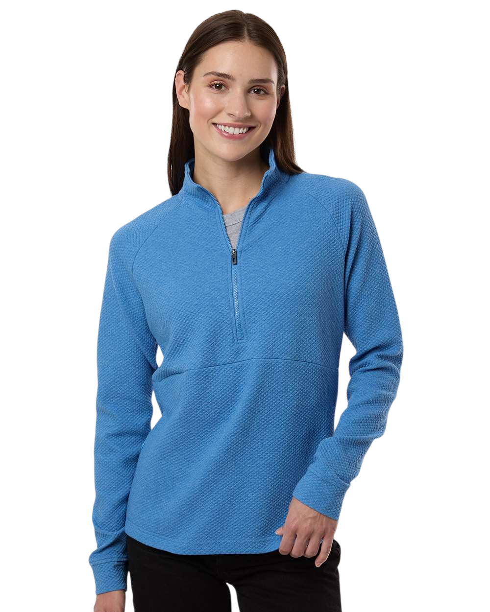 Model wearing a branded quarter-zip