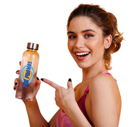 Happy customer with a custom branded Pax Promos water bottle