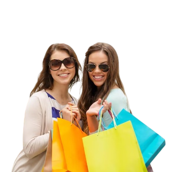 Two friends carrying branded Pax Promos shopping bags